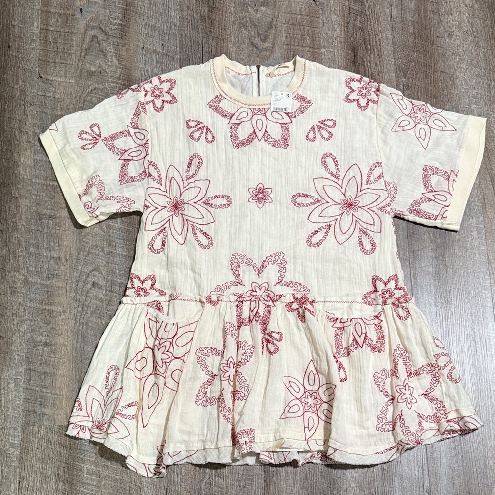 Free People Cream and Red Floral Beachy Mini Dress with pockets